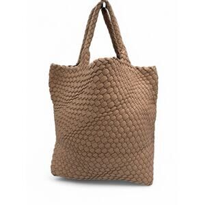 NWT Queenoris Woven Tote Bag with Matching Pouch - Tan Faux Leather Beach Pool